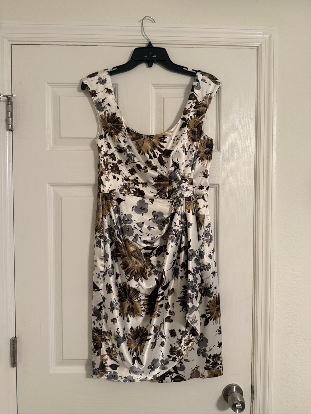 White Floral Midi Dress with Gold, Silver, Browns, Beige and Gray Accents